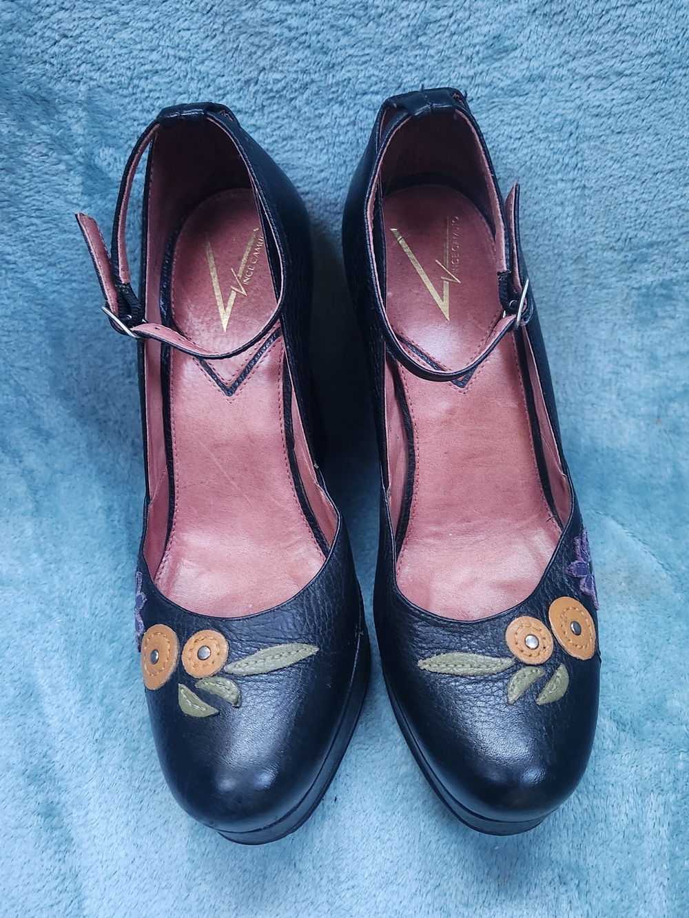 Vince Camuto Black Leather Platform Mary Jane Pumps with Floral Appliqué - Picture 3 of 7